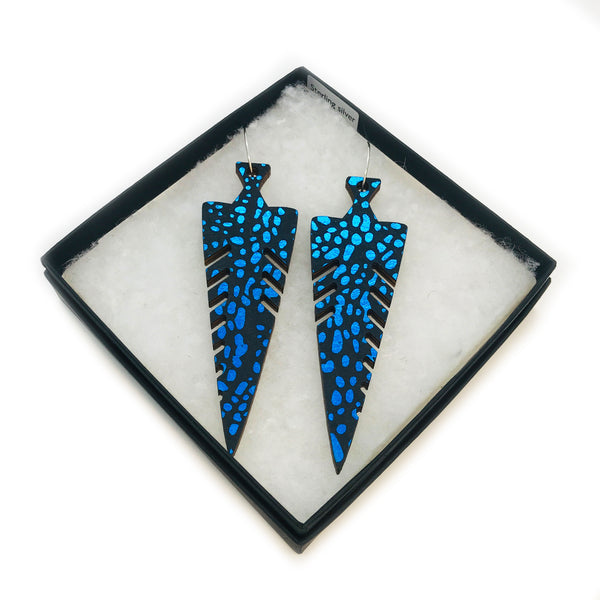 Statement Wooden Spear Earrings: Electric Metallic Blue