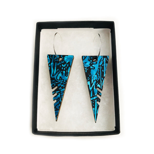 Large Wooden Triangle Hoop Earrings: Holographic Blue