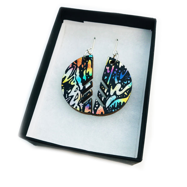 Large Wooden Semicircle Earrings: Metallic Rainbow