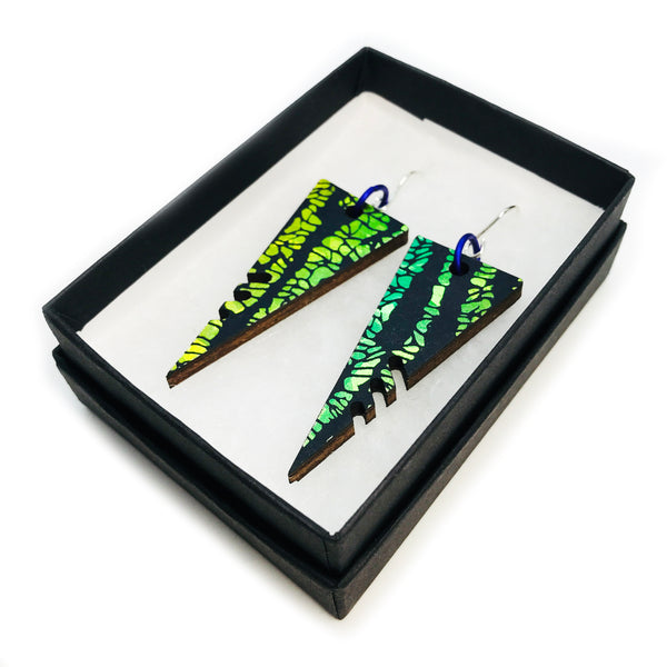 Large Wooden Triangle Earrings: Holographic Green