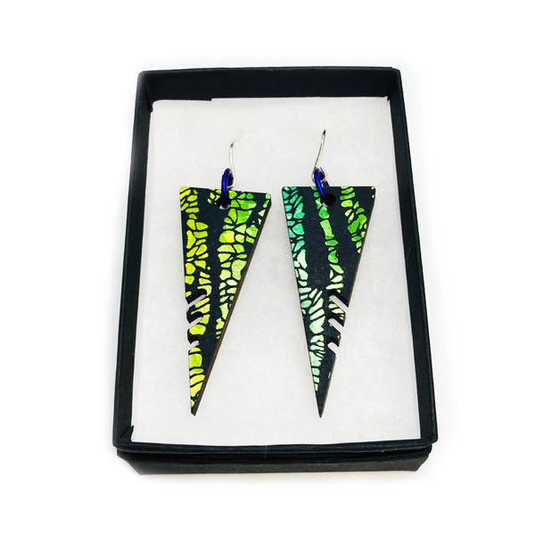 Large Wooden Triangle Earrings: Holographic Green