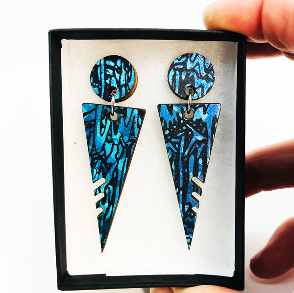 Large Wooden Triangle Stud Earrings: Turquoise Blue