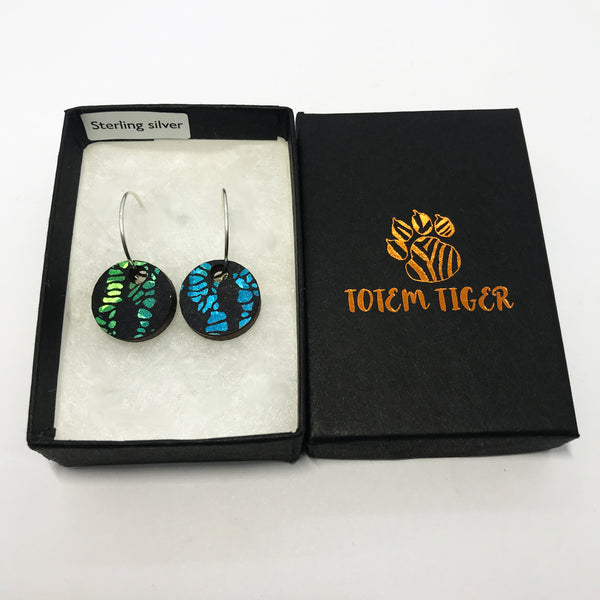 Wooden Circle Earrings: Green/Blue