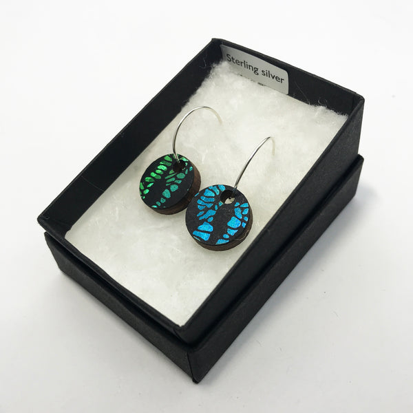 Wooden Circle Earrings: Green/Blue