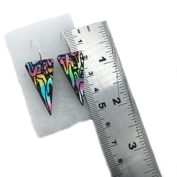 Wooden Triangle Earrings: Metallic Rainbow